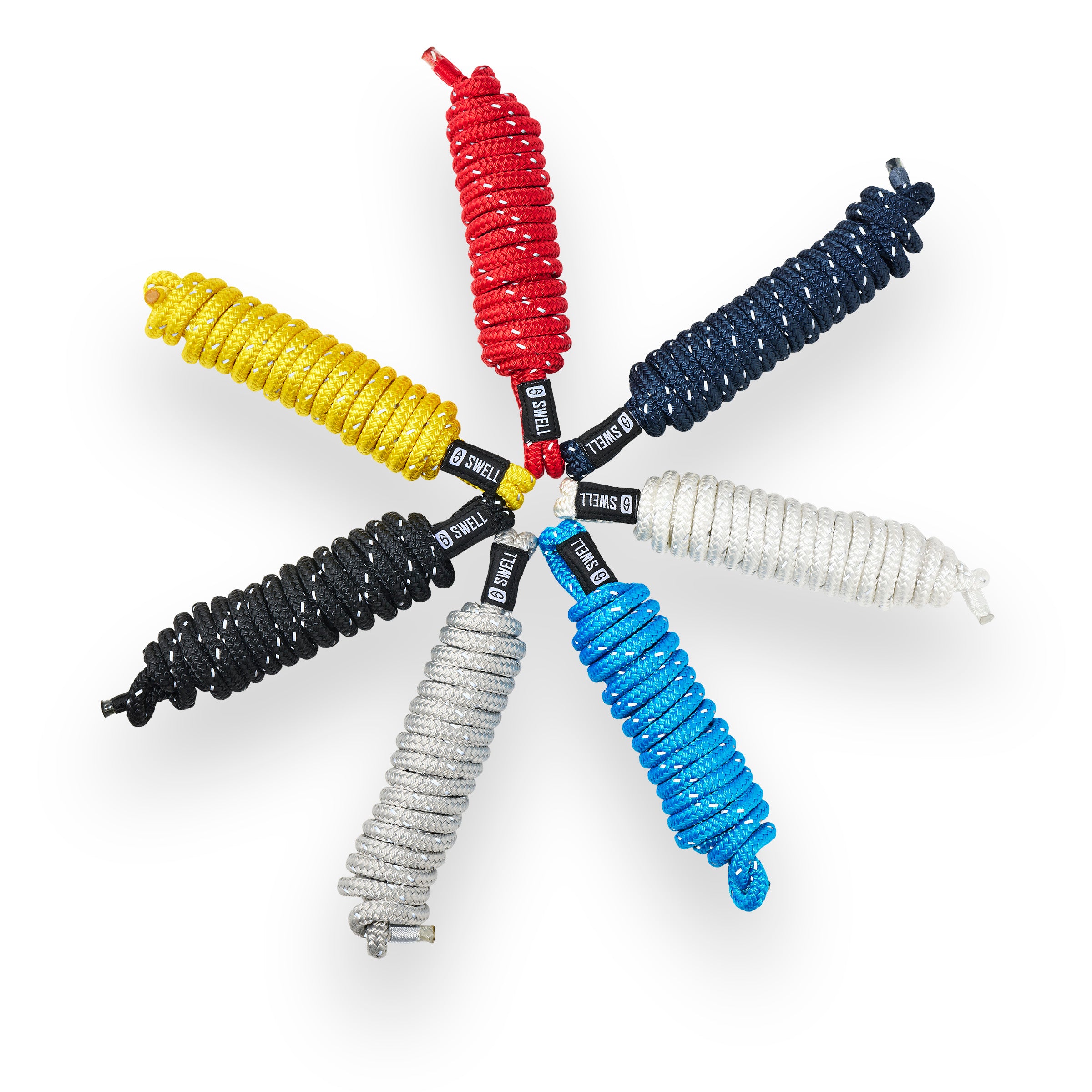 Family Colors of 15ft dock lines made from UV-resistant nylon with reflective weave – SWELL Wakesurf