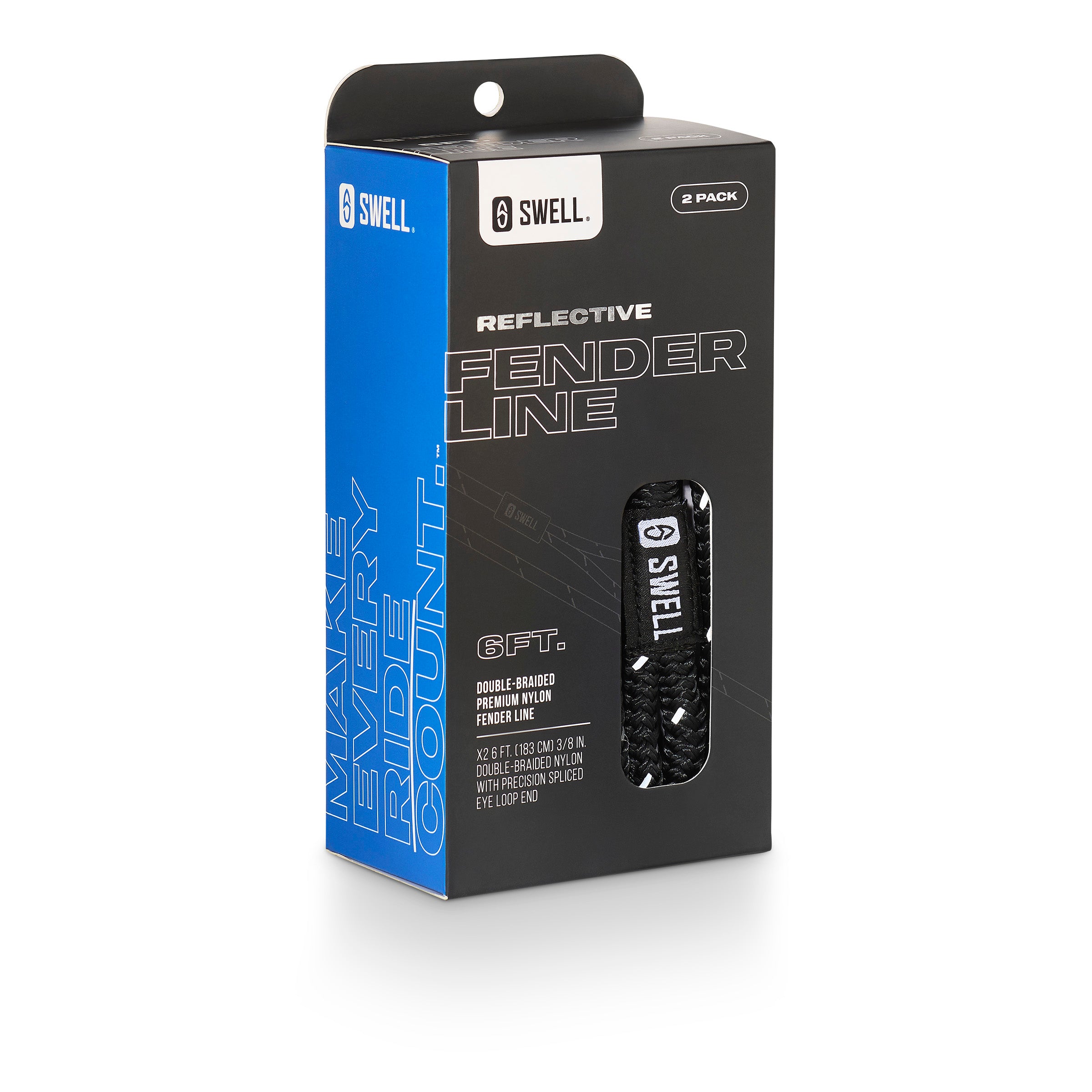 Retail packaging of SWELL Wakesurf reflective fender lines 6ft 2-pack