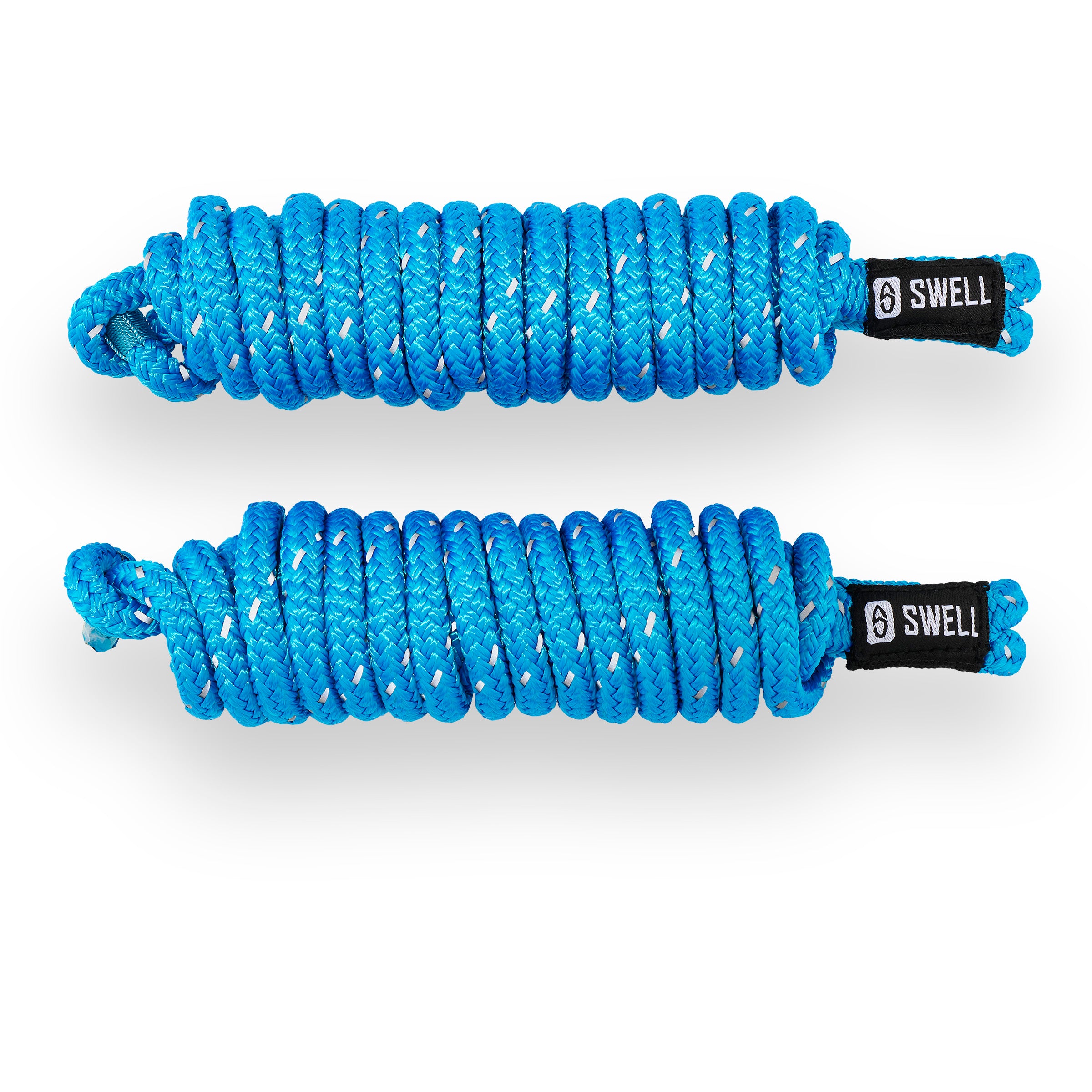 Pair of Aqua 15ft dock lines made from UV-resistant nylon with reflective weave – SWELL Wakesurf