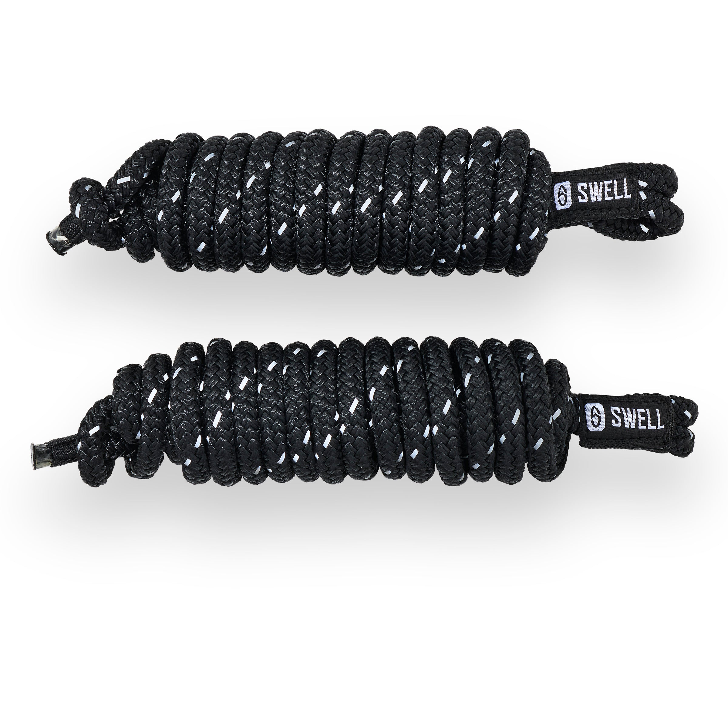 Pair of black 15ft dock lines made from UV-resistant nylon with reflective weave – SWELL Wakesurf