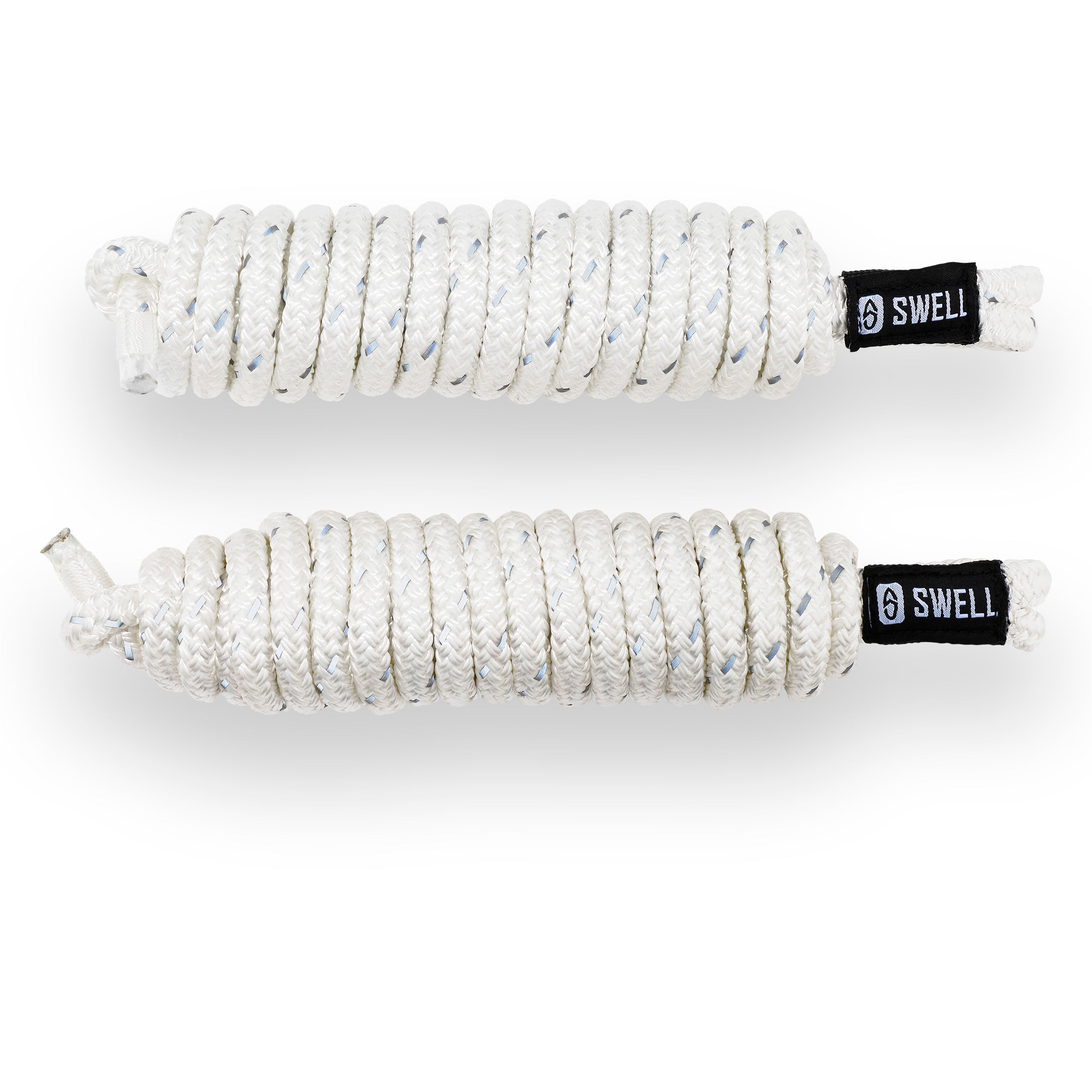 Pair of White 15ft dock lines made from UV-resistant nylon with reflective weave – SWELL Wakesurf