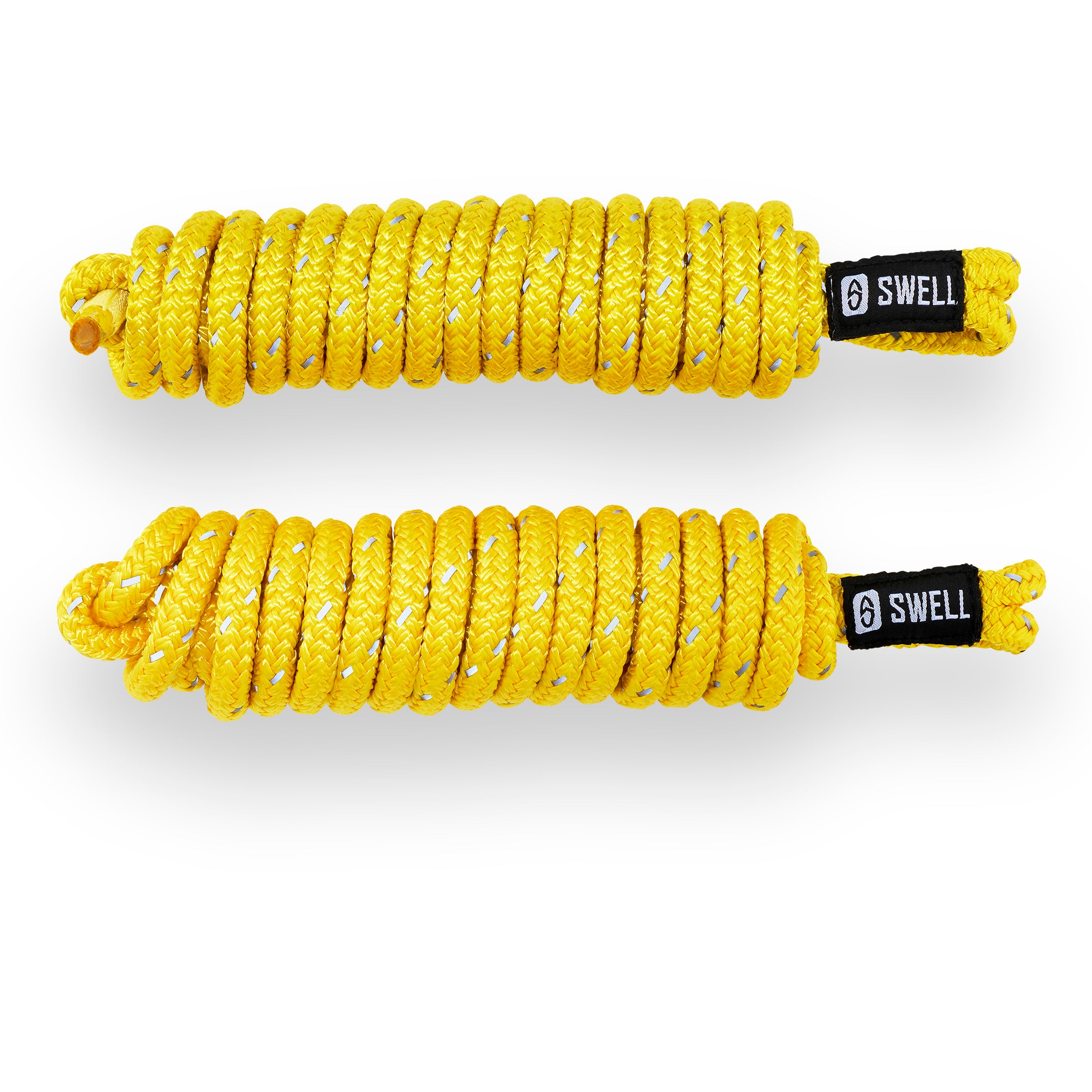 Pair of Yellow 15ft dock lines made from UV-resistant nylon with reflective weave – SWELL Wakesurf